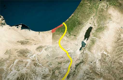 Ein wenig näher ran sieht man, wie Gaza ziemlich ungünstig liegt Ben-Gurion-Kanal